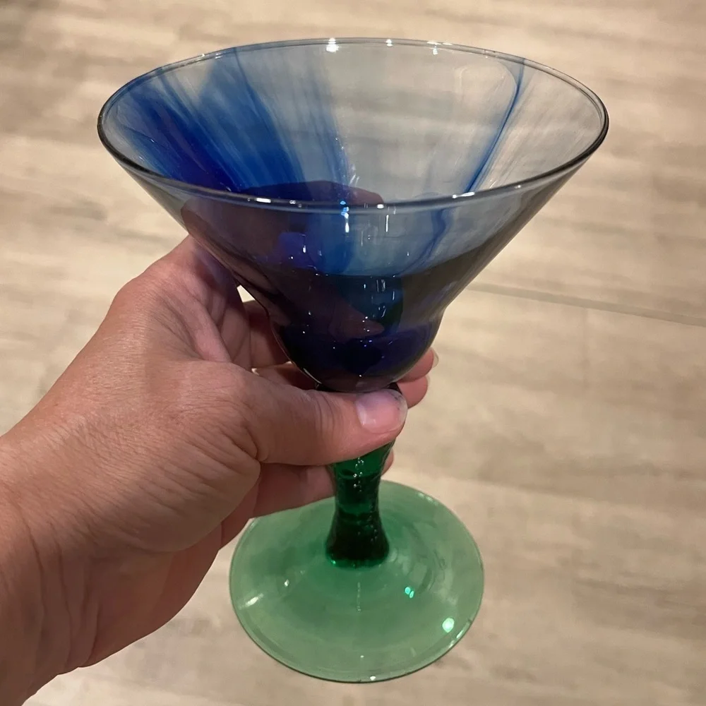Vintage Libbey Marbleique Blue Swirl and Green Martini Glasses Set of 2